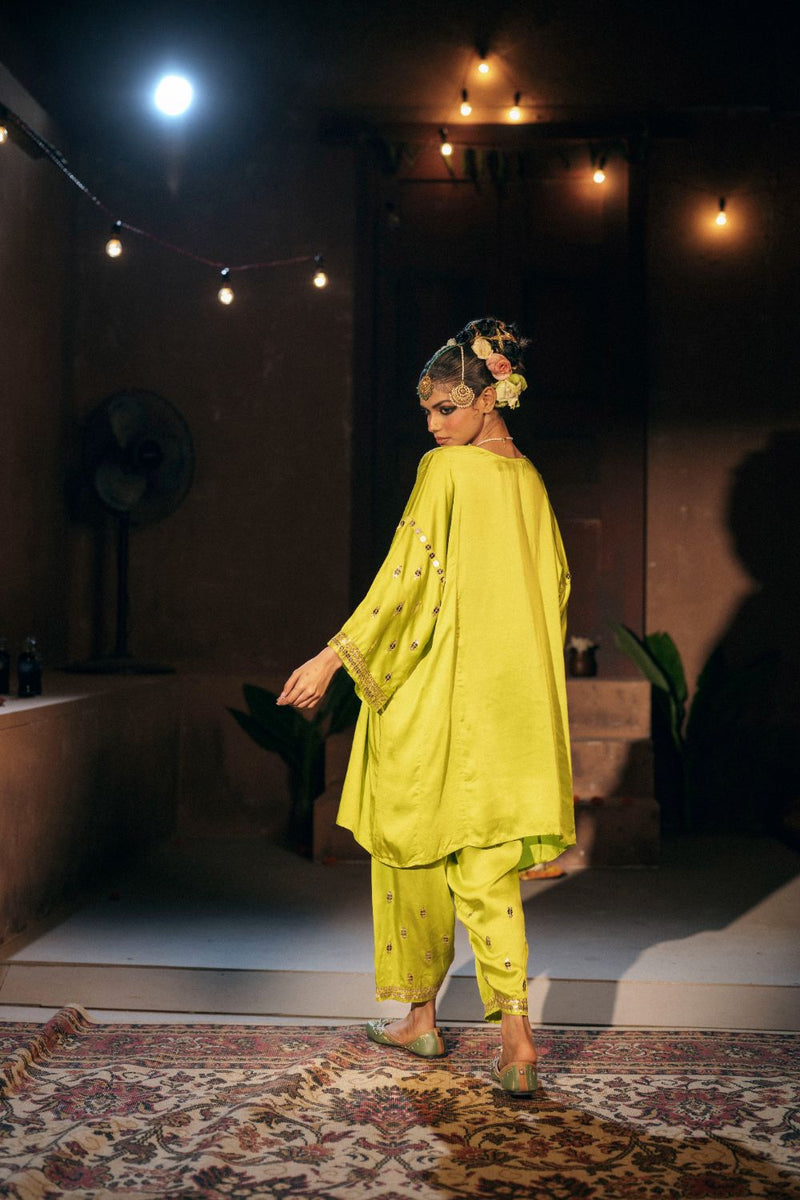 Chamakeen Anti-fit Choga Tunic Salwar Set satin by PRAHNAAYA in green color for women Worldwide