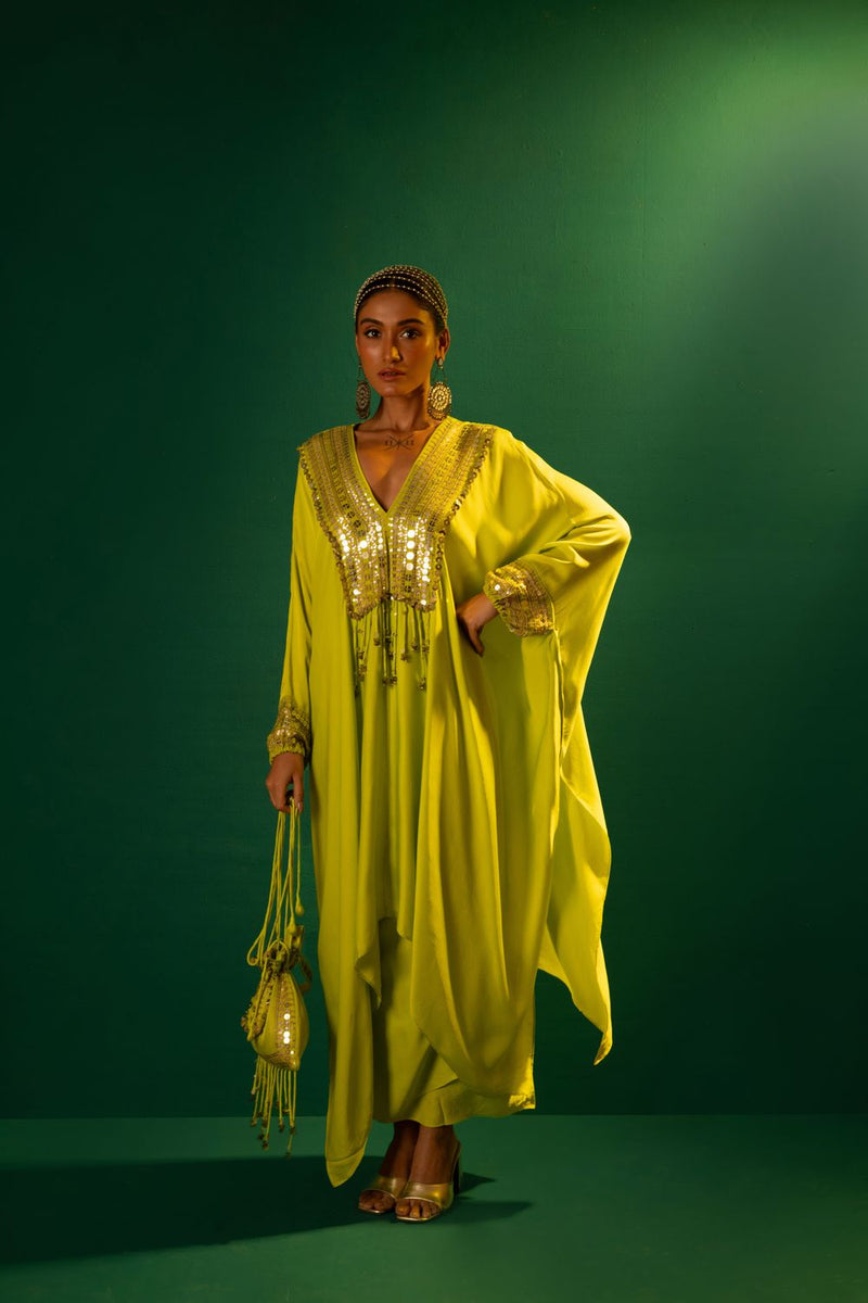 Chamakeen Neon Kaftaan with Wrap Skirt satin by PRAHNAAYA in green color for women Worldwide