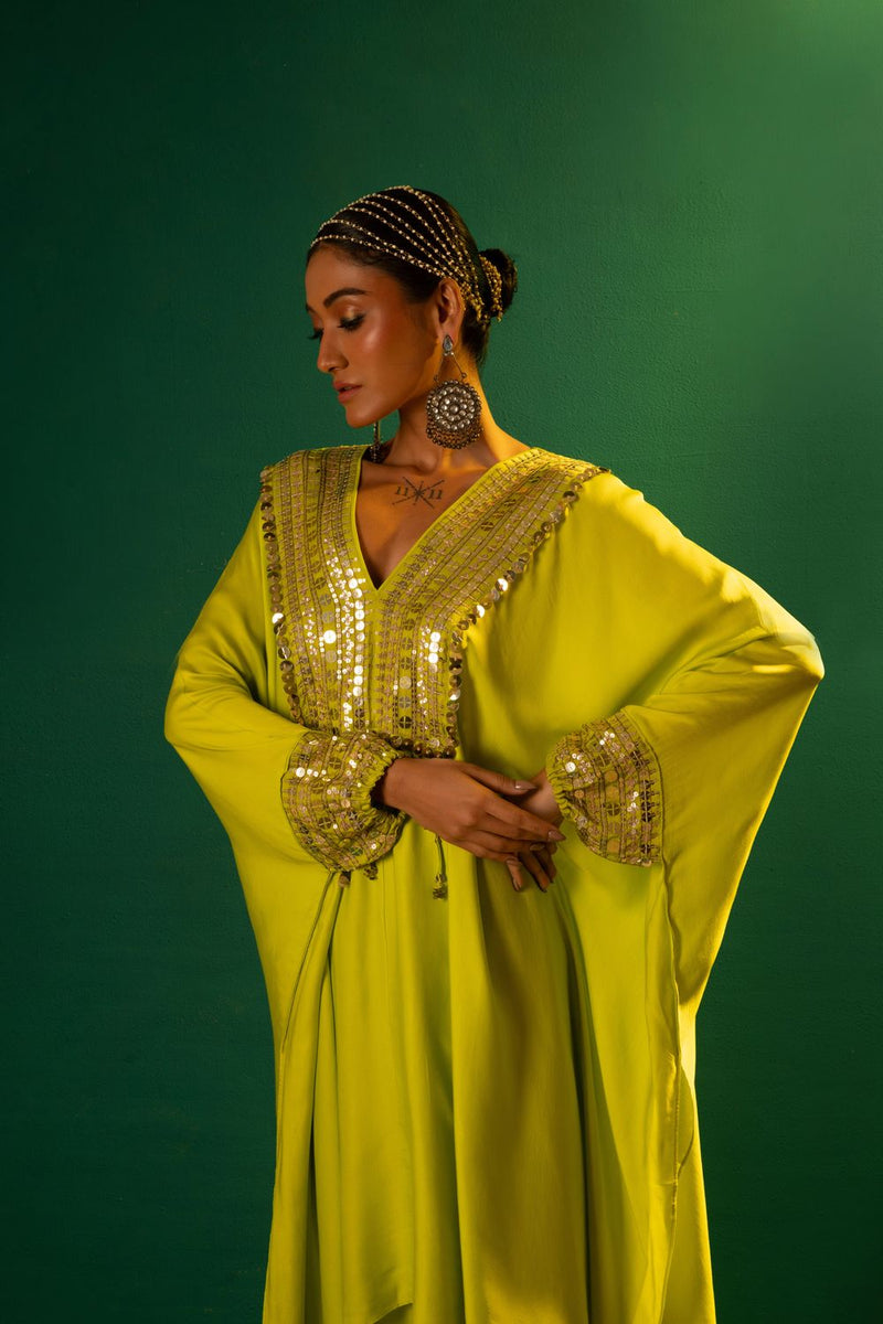 Chamakeen Neon Kaftaan with Wrap Skirt satin by PRAHNAAYA in green color for women Worldwide