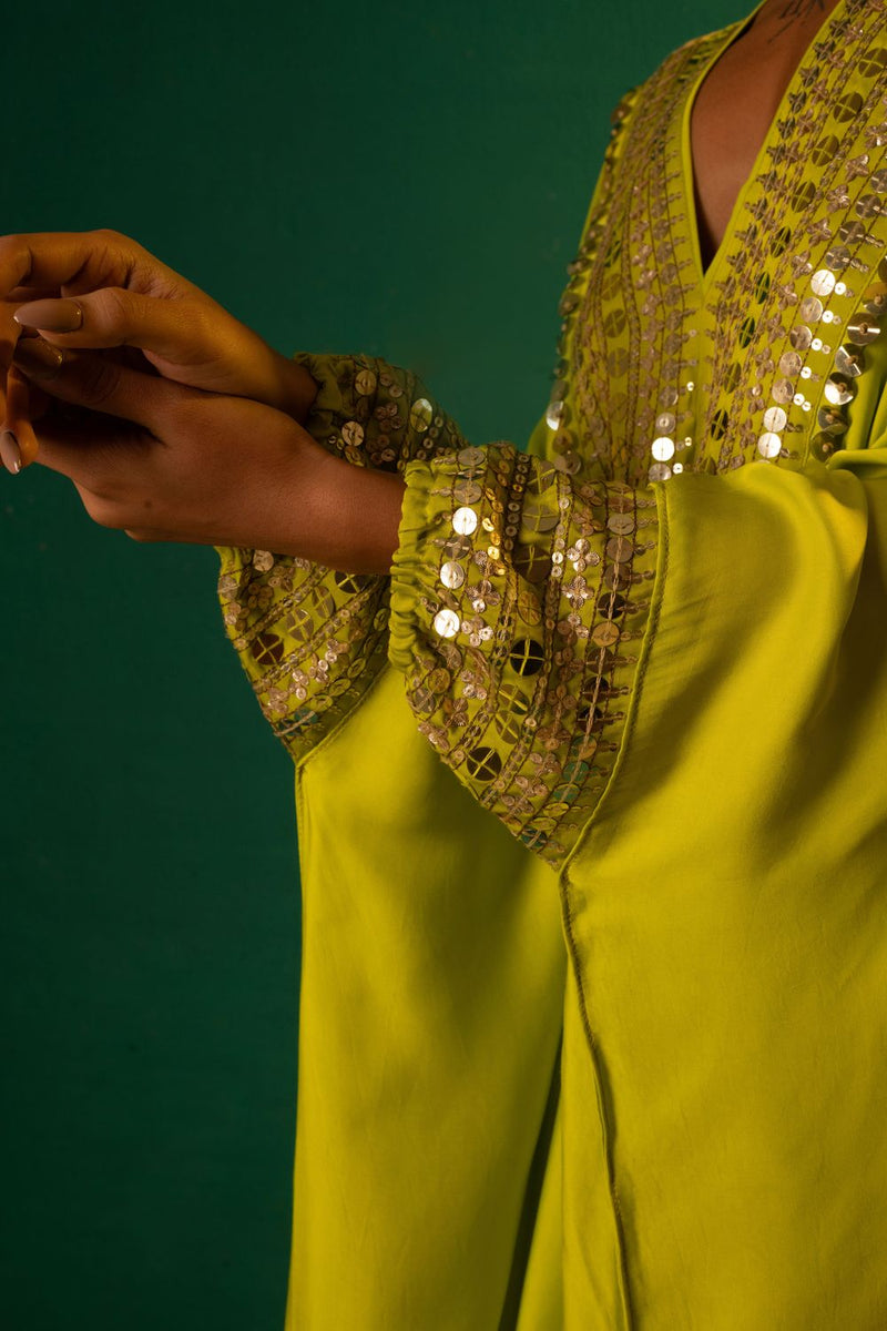 Chamakeen Neon Kaftaan with Wrap Skirt satin by PRAHNAAYA in green color for women Worldwide