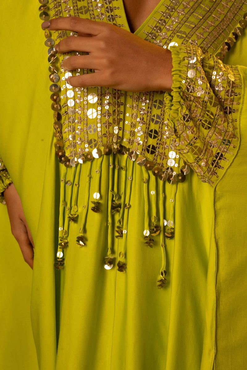 Chamakeen Neon Kaftaan with Wrap Skirt satin by PRAHNAAYA in green color for women Worldwide
