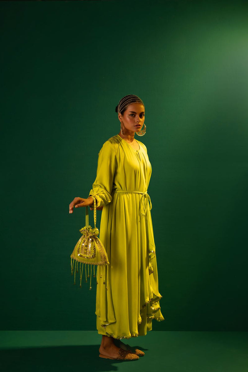 Chamakeen Anti Fit Kurta with oversized pant satin by PRAHNAAYA in green color for women Worldwide