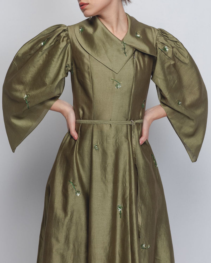 Cosmos Dress - Olive Green cotton by Leh Studios in green color for women Worldwide