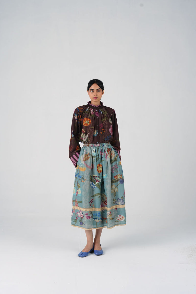 Emily Skirt-Blue Floret cotton silk skirt by CORD in multi-color for women Worldwide