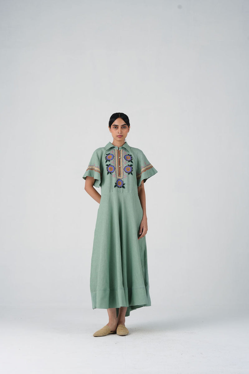 Maya Dress-Blue Marigold linen dress by CORD in multi-color for women Worldwide