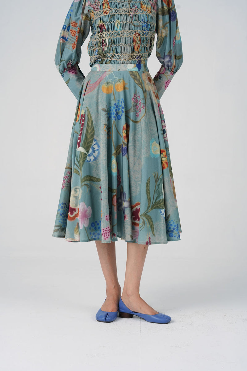 Bias Skirt-Blue Floret cotton silk skirt by CORD in multi-color for women Worldwide