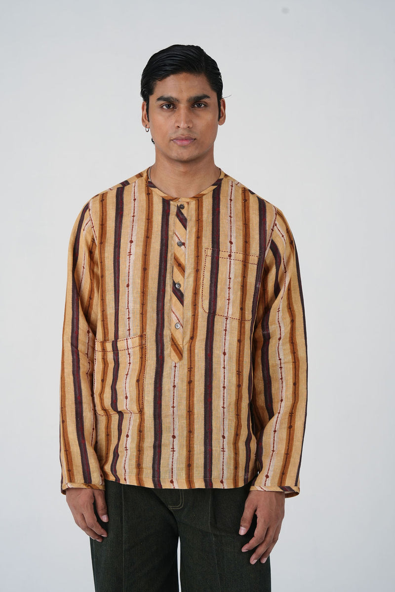 Zen Collarless Shirt-Blue Brown Striper linen shirt by CORD MEN in multi-color for men Worldwide
