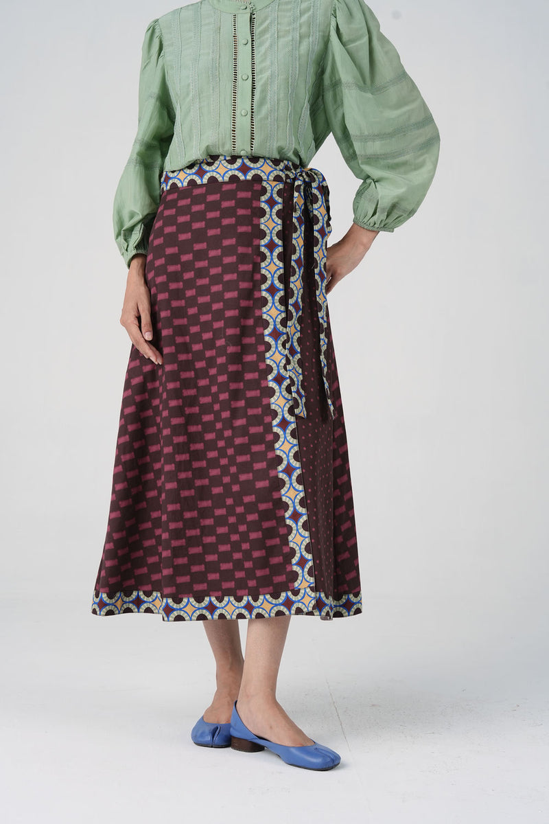 Wrap Skirt-Brown Checks cotton satin skirt by CORD in multi-color for women Worldwide