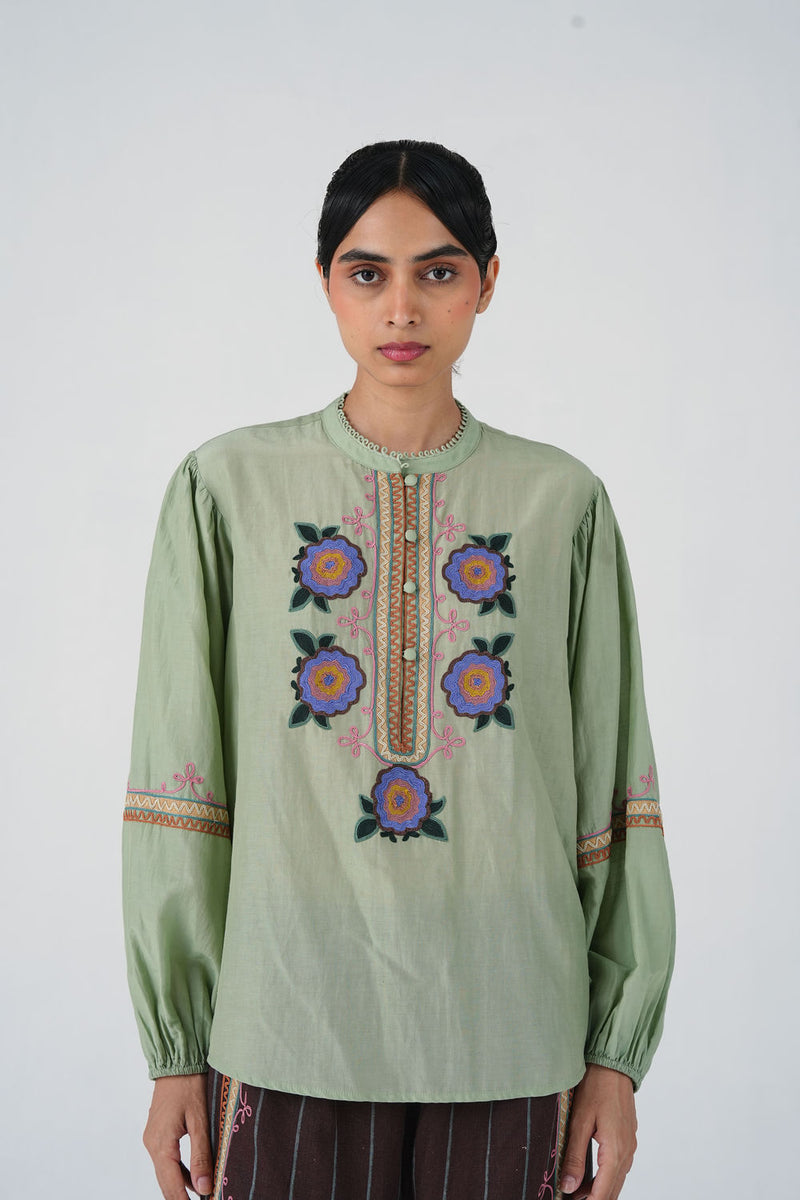 Jane Top-Blue Marigold cotton silk top and shirts by CORD in multi-color for women Worldwide