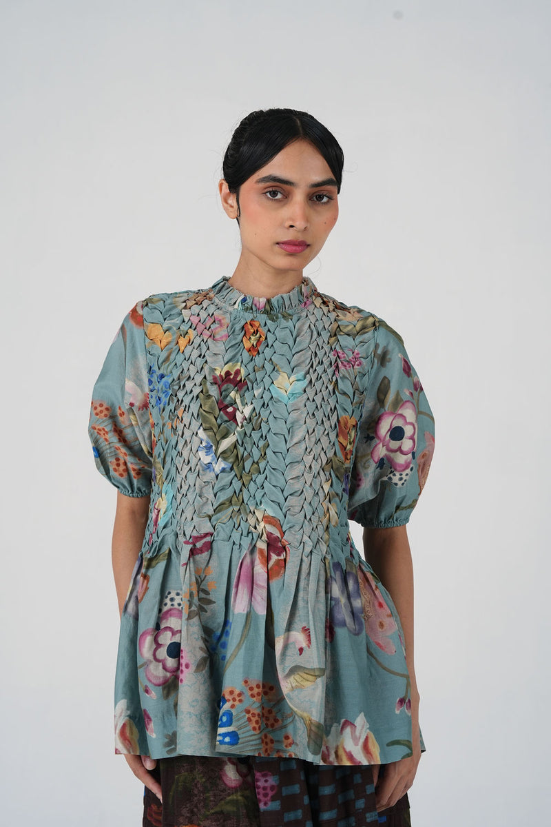 Amelia Top-Blue Floret cotton top and shirts by CORD in multi-color for women Worldwide