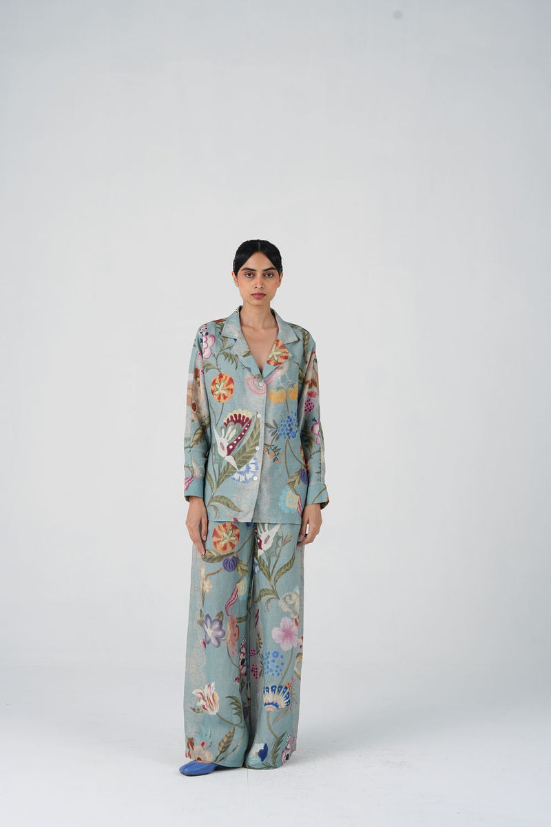 Lounge Set-Blue Floret linen co-ord set by CORD in multi-color for women Worldwide