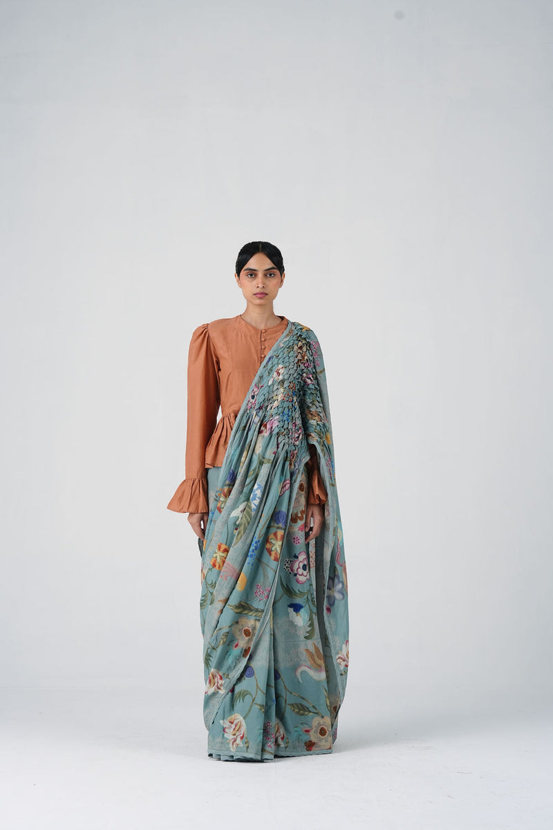 Smocked Saree-Blue Floret cotton saree by CORD in multi-color for women Worldwide