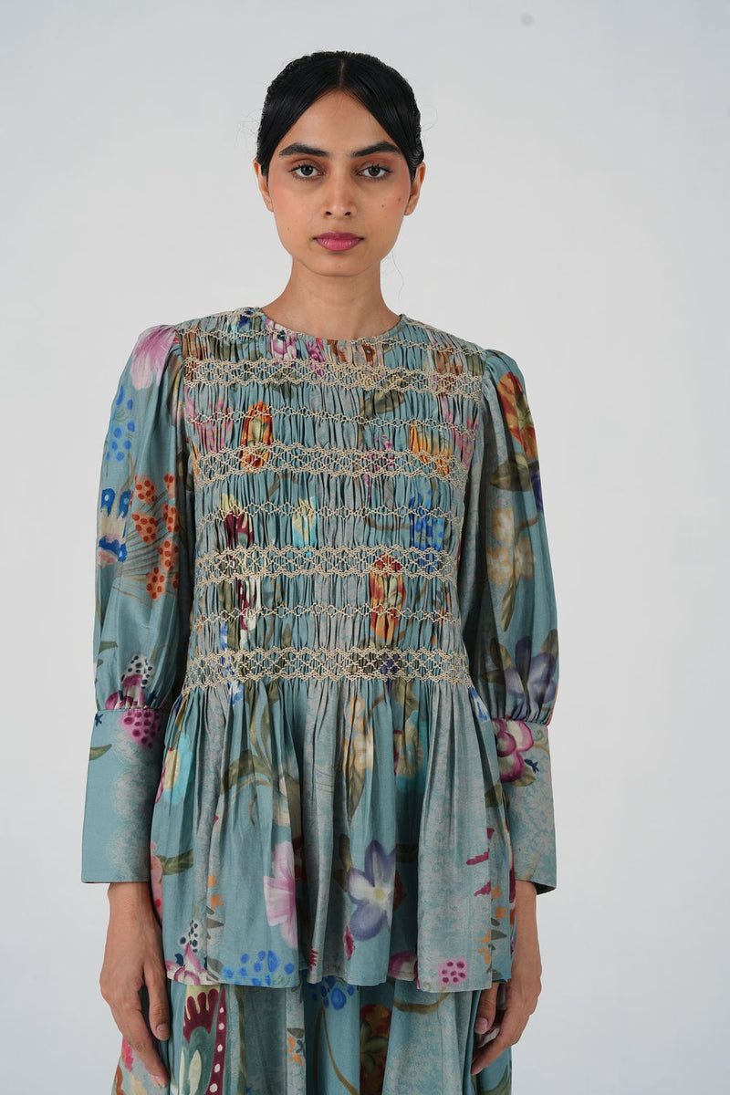 Gaia Top-Blue Floret cotton silk top and shirts by CORD in multi-color for women Worldwide