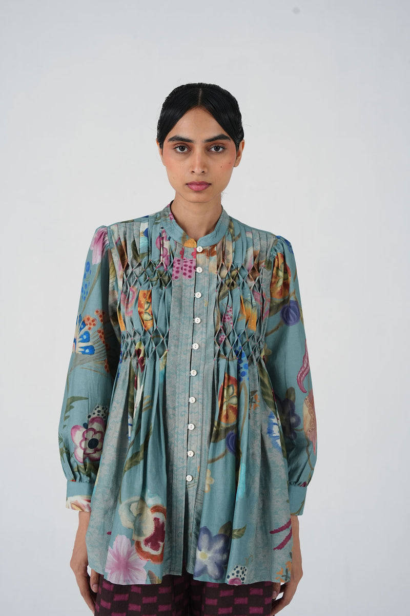 Leni Top-Blue Floret cotton silk top and shirts by CORD in multi-color for women Worldwide