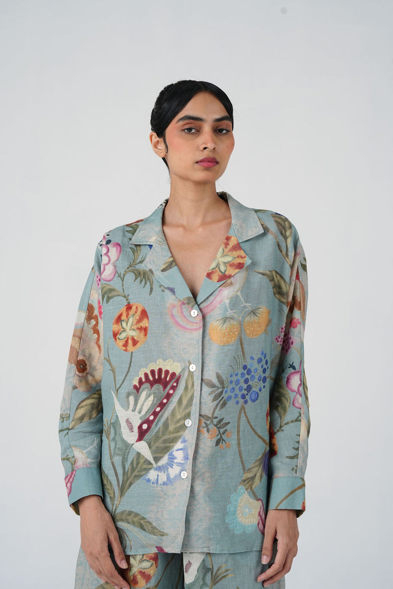 Lounge Shirt-Blue Floret linen top/shirt by CORD in multi-color for women Worldwide