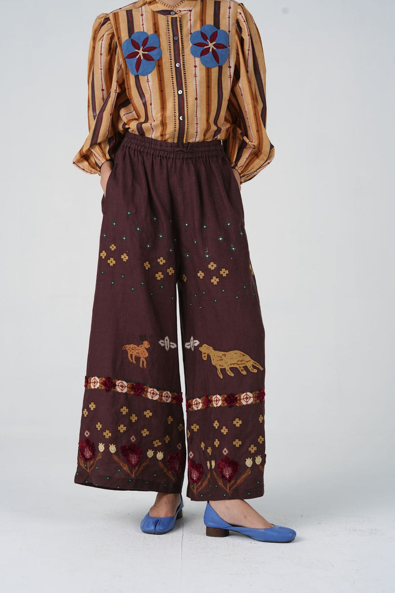 Pareo Pants-Brown Fresco linen pant/trouser by CORD in multi-color for women Worldwide