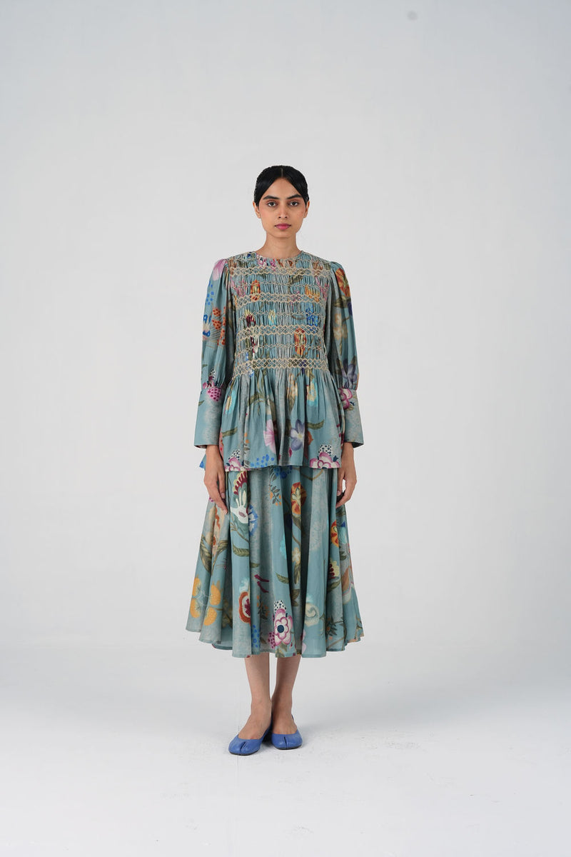 Gaia Set-Blue Floret cotton silk co-ord set by CORD in multi-color for women Worldwide