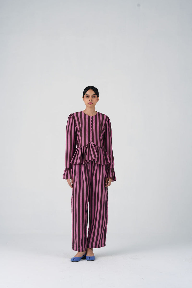 Jae Set-Brown And Pink Stripe cotton silk, linen co-ord set by CORD in multi-color for women Worldwide