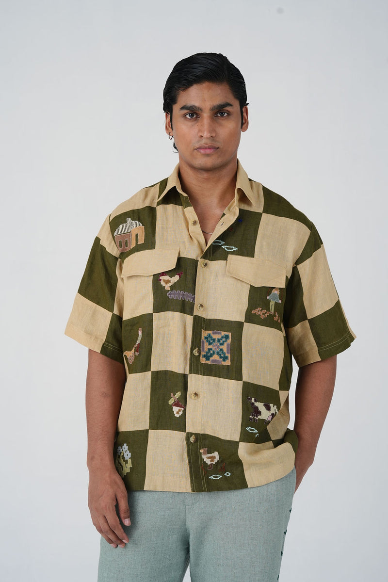 Skater Shirt-Countryside Applique linen shirt by CORD MEN in multi-color for men Worldwide