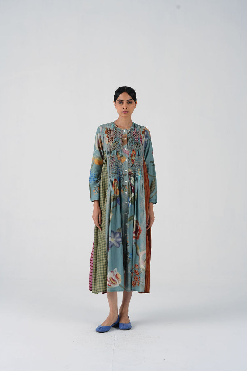 Frida Dress-Blue Floret cotton silk dress by CORD in multi-color for women Worldwide