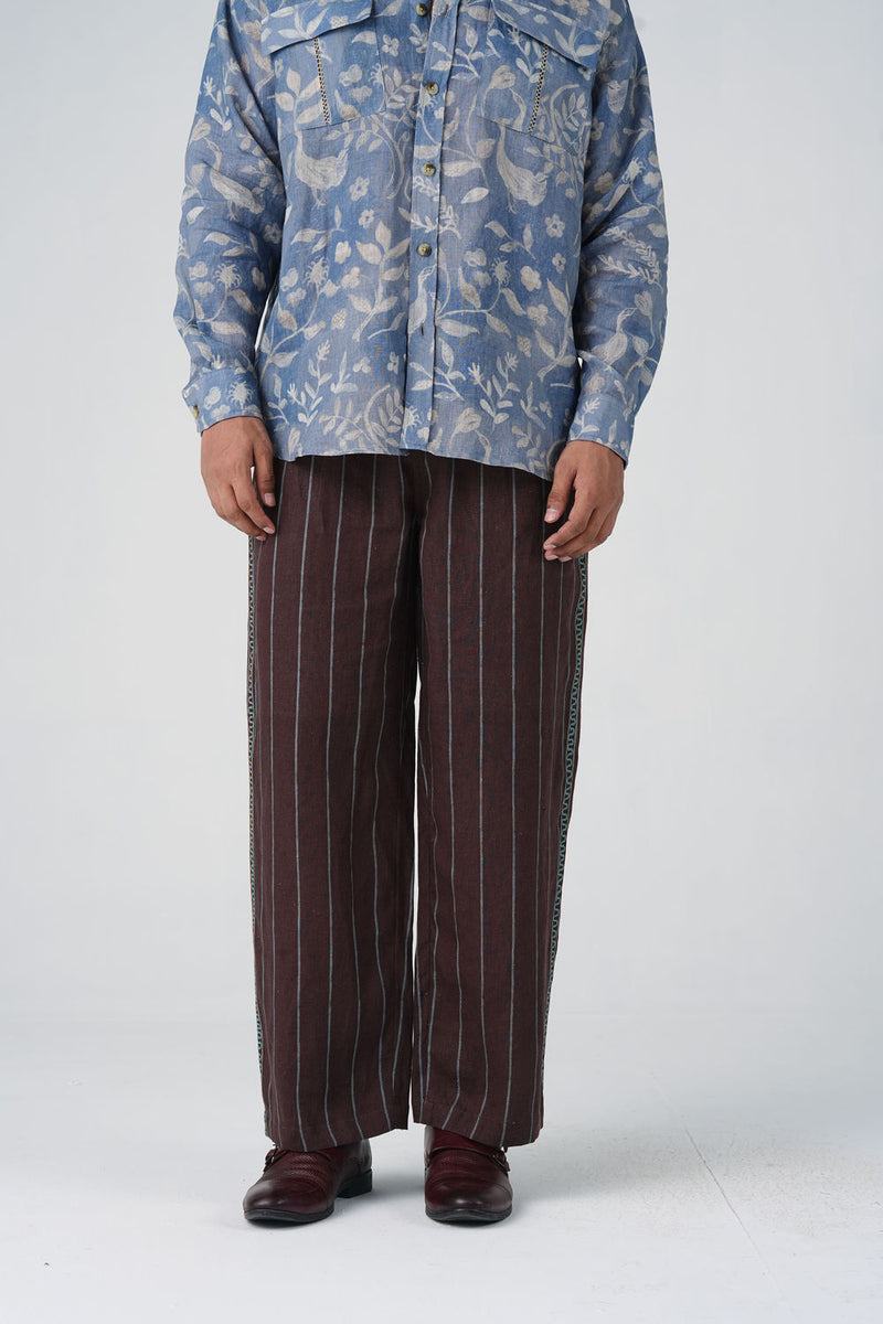 Double Pleat Pants-Maroon Striper linen pant/trouser by CORD MEN in multi-color for men Worldwide