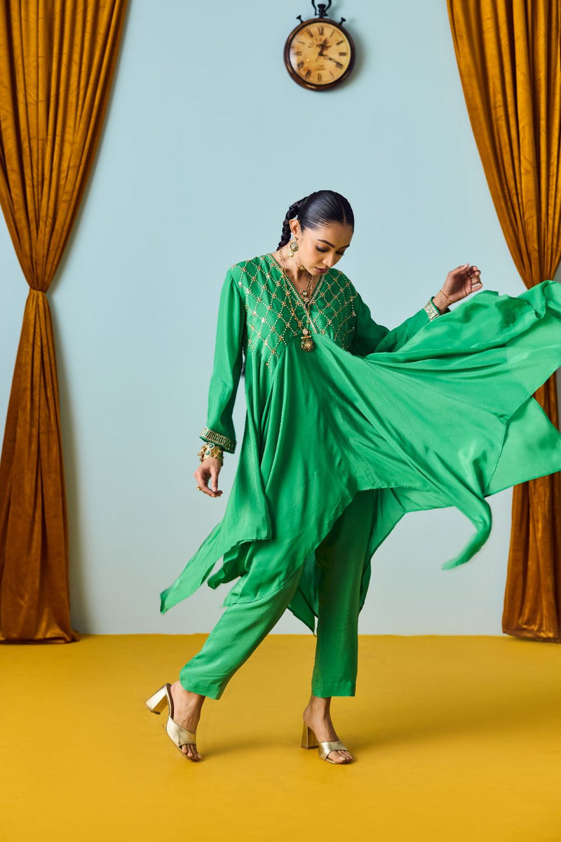 Sureen Festive Asymmetric Green Kurta Set satin by PRAHNAAYA in green color for women Worldwide