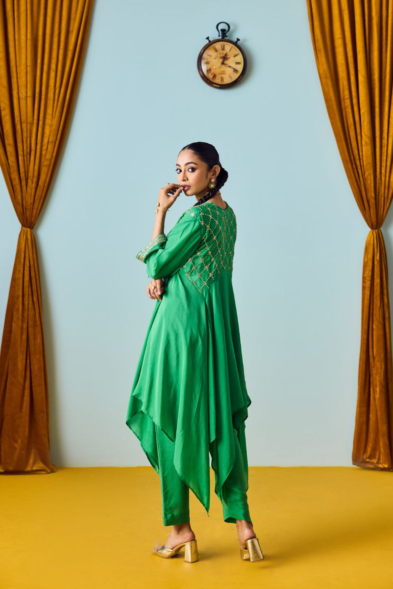 Sureen Festive Asymmetric Green Kurta Set satin by PRAHNAAYA in green color for women Worldwide