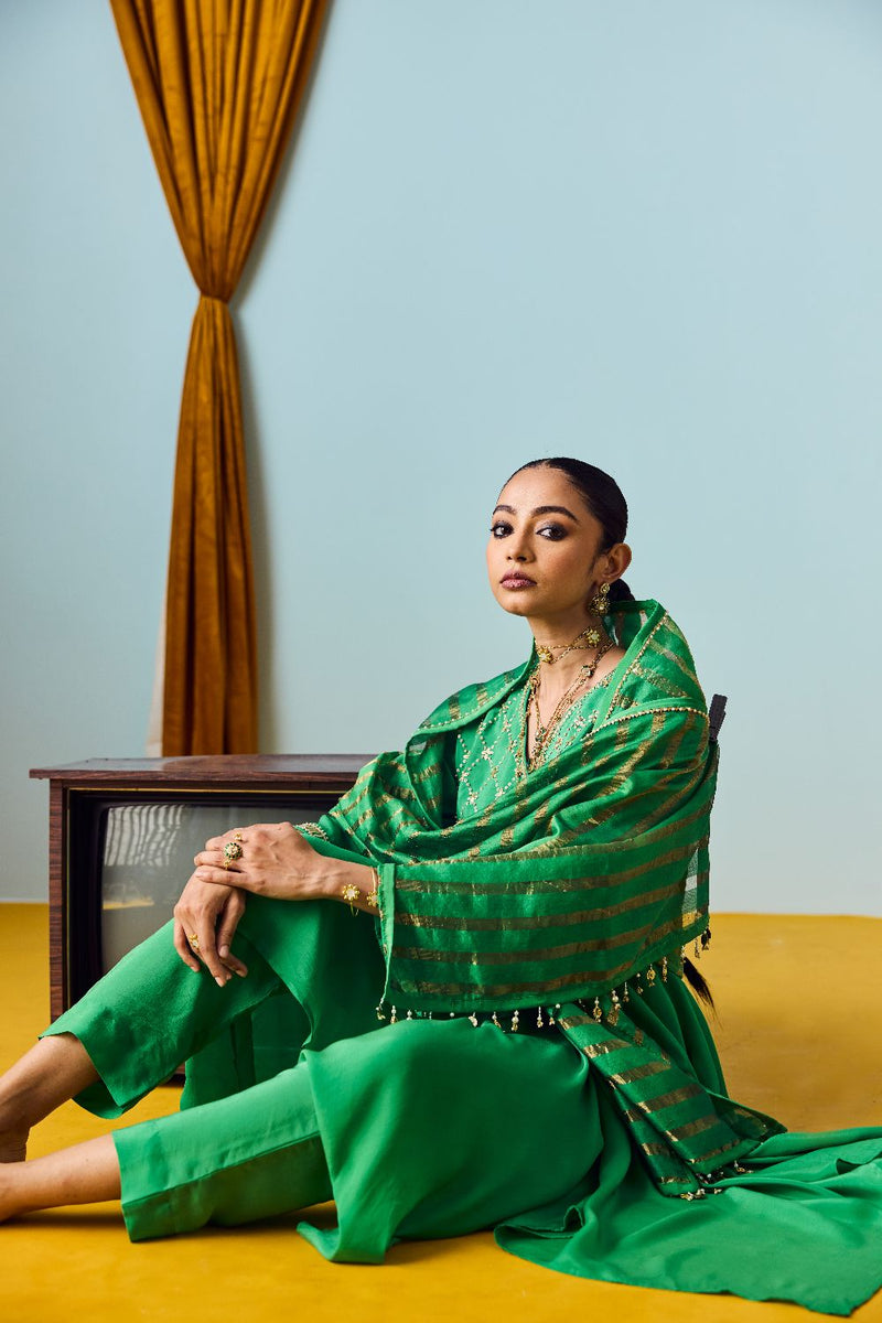 Sureen Green Asymmetric Kurta Set with Silk Tissue Chanderi Dupatta silk by PRAHNAAYA in green color for women Worldwide