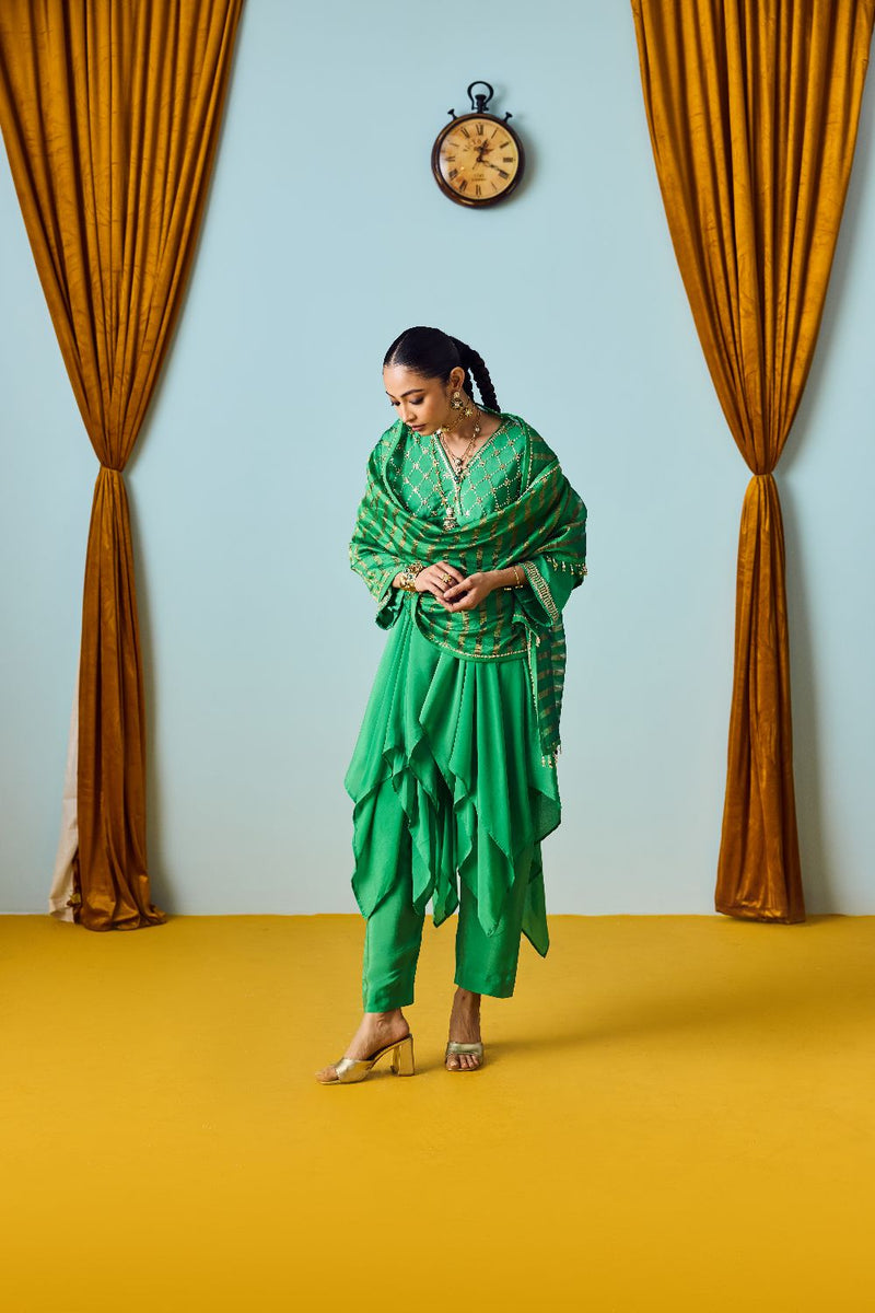 Sureen Festive Asymmetric Green Kurta Set satin by PRAHNAAYA in green color for women Worldwide