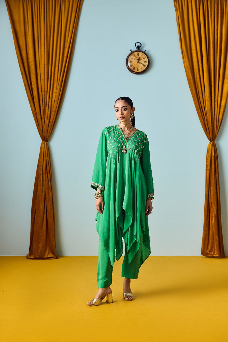 Sureen Green Asymmetric Kurta Set with Silk Tissue Chanderi Dupatta silk by PRAHNAAYA in green color for women Worldwide