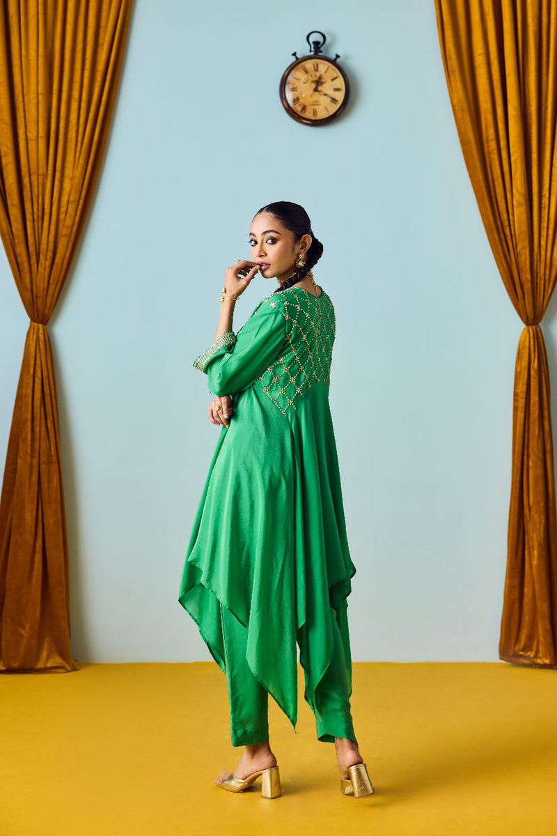 Sureen Green Asymmetric Kurta Set with Silk Tissue Chanderi Dupatta silk by PRAHNAAYA in green color for women Worldwide