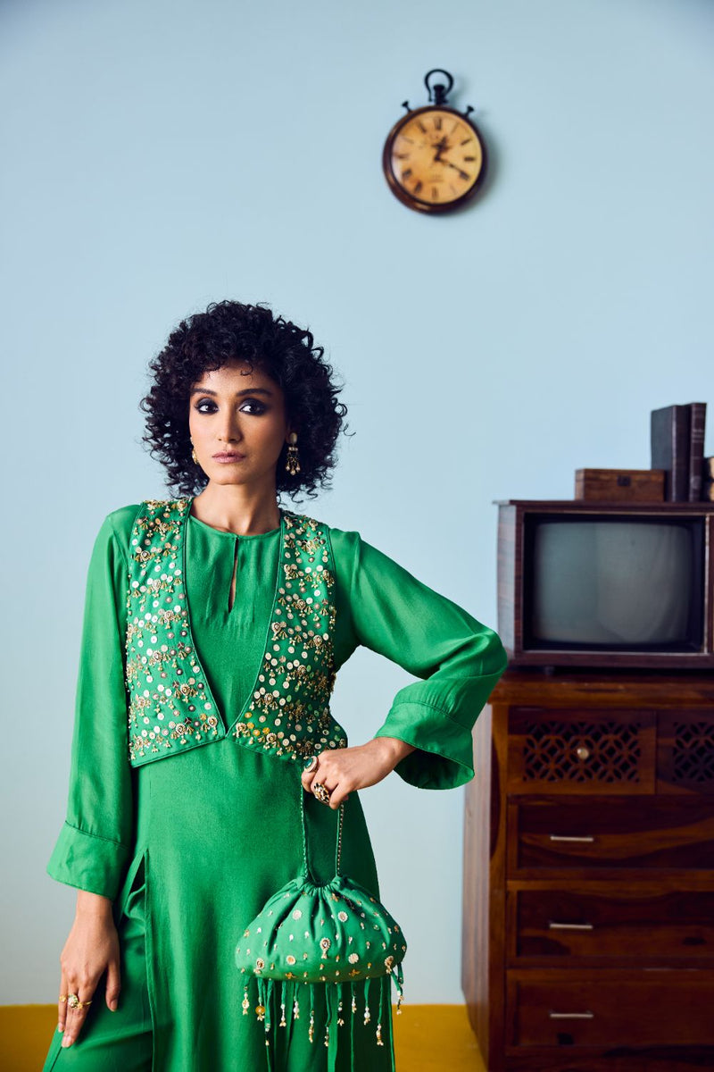 Tora Green Jacket with Kurta Set silk by PRAHNAAYA in green color for women Worldwide