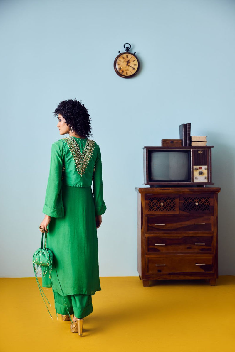 Tora Green Jacket with Kurta Set silk by PRAHNAAYA in green color for women Worldwide