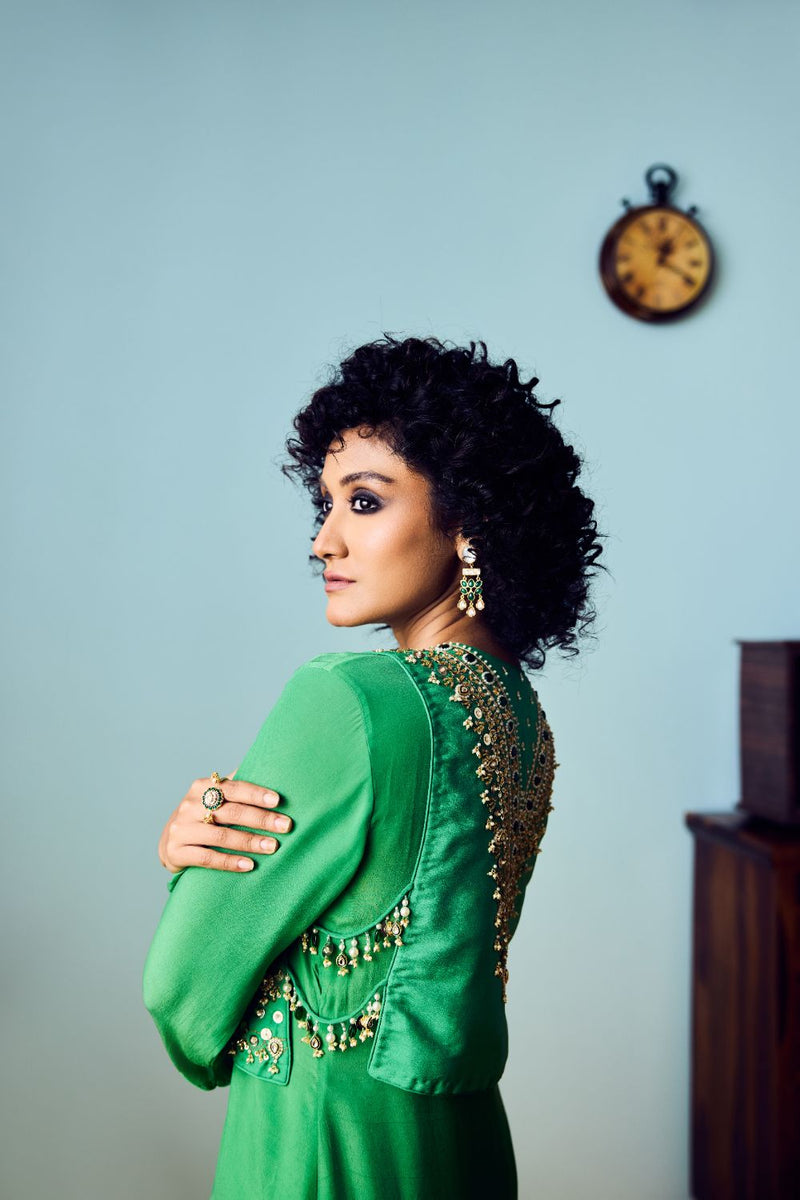 Tora Green Jacket with Kurta Set silk by PRAHNAAYA in green color for women Worldwide