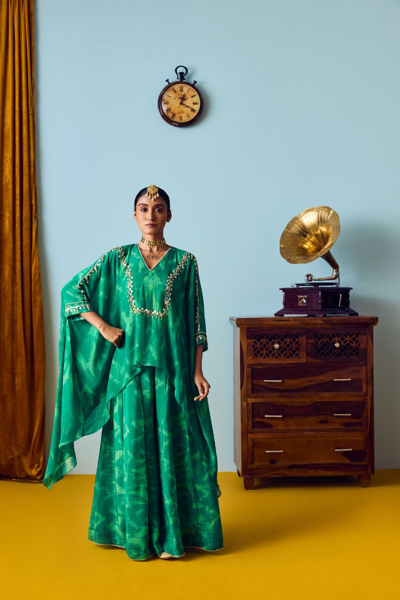 Maia Coral Green Anti-Fit Tunic Set with Panelled Palazzo silk by PRAHNAAYA in green color for women Worldwide
