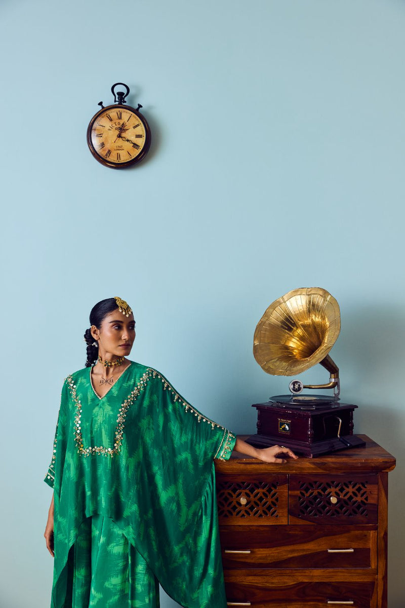 Maia Coral Green Anti-Fit Tunic Set with Panelled Palazzo silk by PRAHNAAYA in green color for women Worldwide