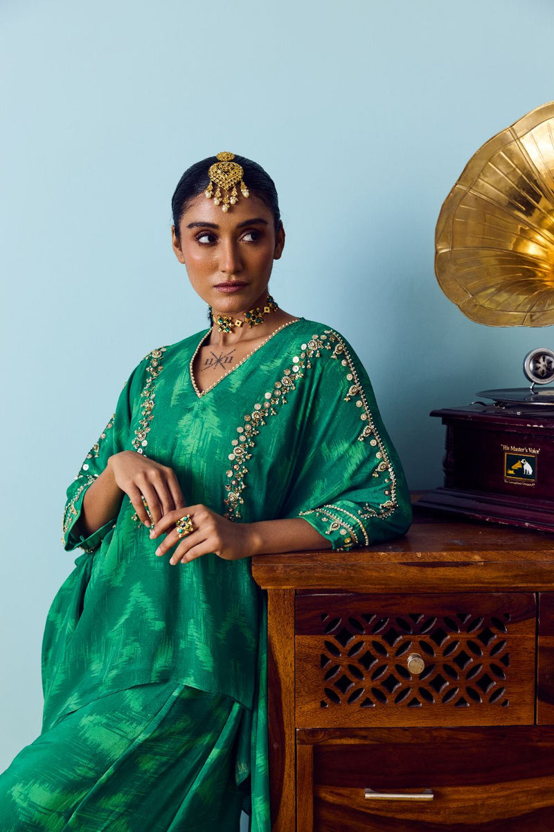 Maia Coral Green Anti-Fit Tunic Set with Panelled Palazzo silk by PRAHNAAYA in green color for women Worldwide