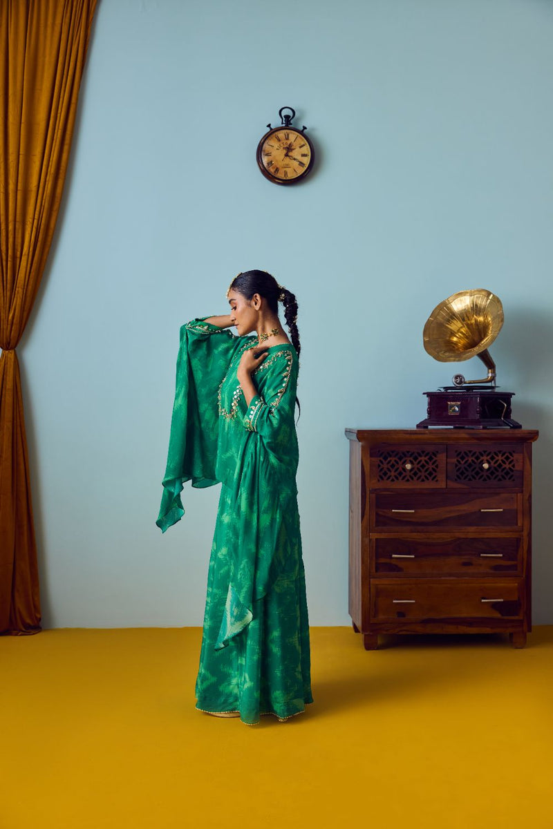Maia Coral Green Anti-Fit Tunic Set with Panelled Palazzo silk by PRAHNAAYA in green color for women Worldwide