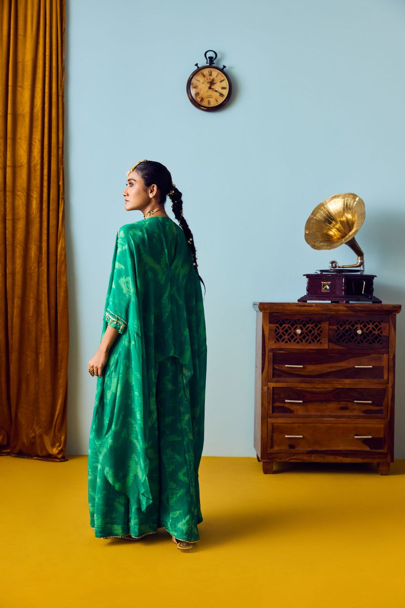 Maia Coral Green Anti-Fit Tunic Set with Panelled Palazzo silk by PRAHNAAYA in green color for women Worldwide