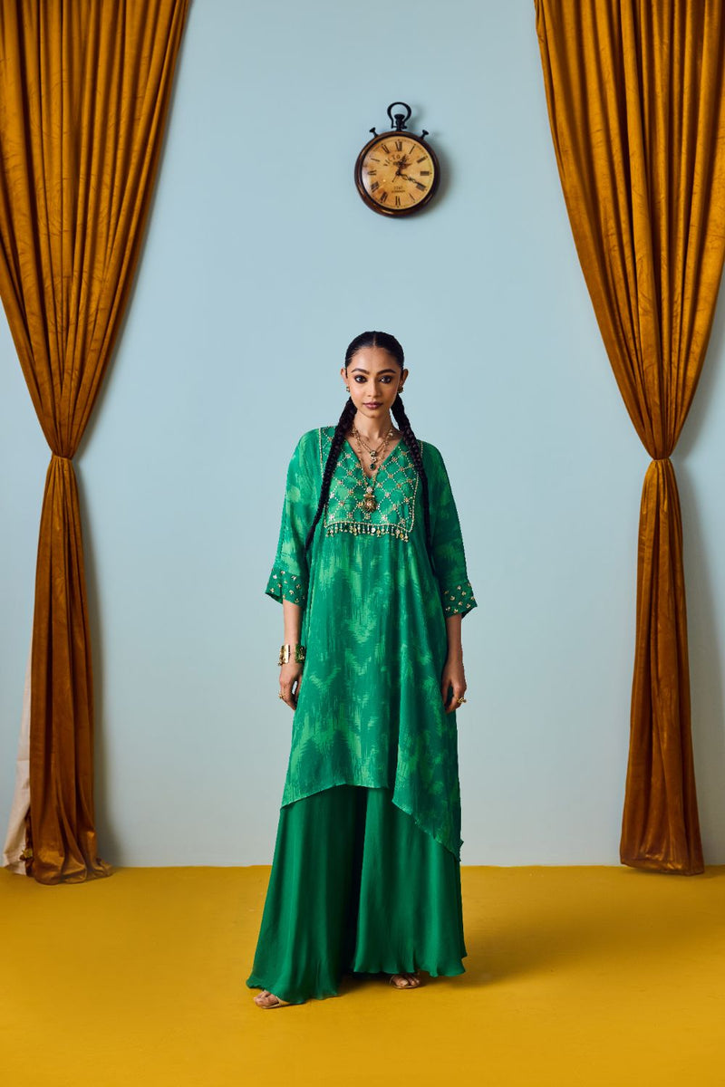 Maia Coral Green Hand-Embroidered Kaftan Kurta with Flared Palazzo Set silk by PRAHNAAYA in green color for women Worldwide