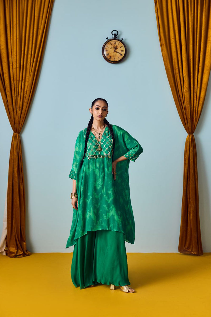 Maia Coral Green Hand-Embroidered Kaftan Kurta with Flared Palazzo Set silk by PRAHNAAYA in green color for women Worldwide
