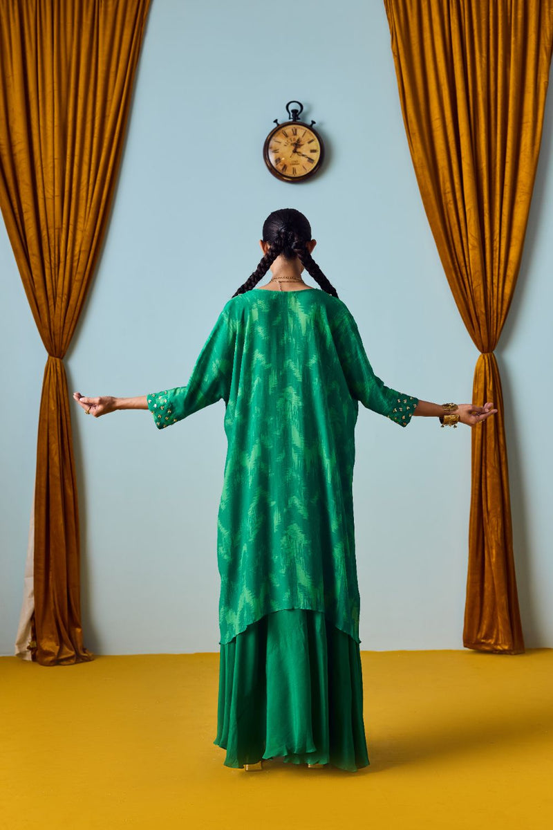 Maia Coral Green Hand-Embroidered Kaftan Kurta with Flared Palazzo Set silk by PRAHNAAYA in green color for women Worldwide