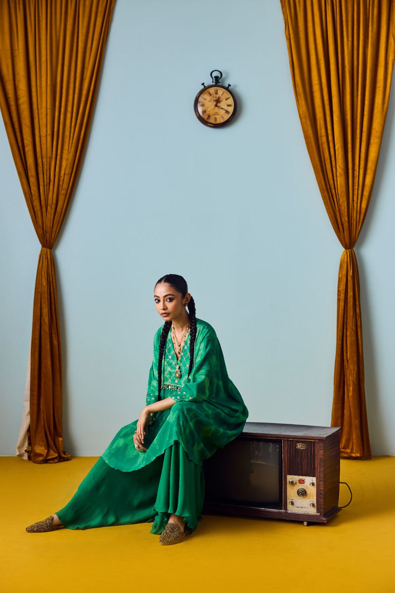 Maia Coral Green Hand-Embroidered Kaftan Kurta with Flared Palazzo Set silk by PRAHNAAYA in green color for women Worldwide