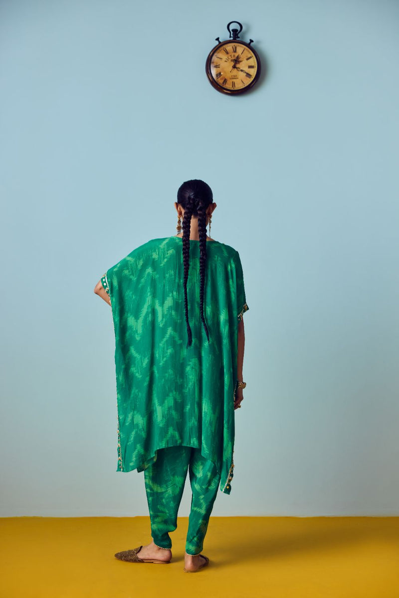 Nourie Coral Green Hand-Embroidered Kaftan Set silk by PRAHNAAYA in green color for women Worldwide