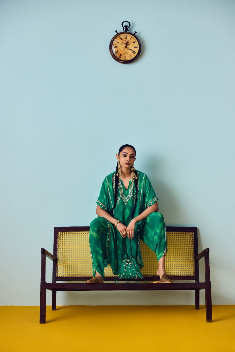 Nourie Coral Green Hand-Embroidered Kaftan Set silk by PRAHNAAYA in green color for women Worldwide