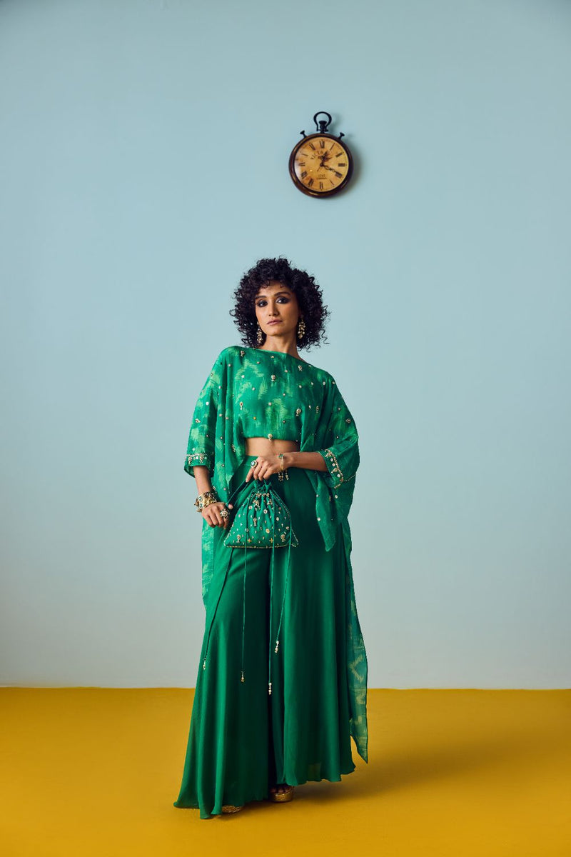 Nexa Green Hi-Low Top & Flared Palazzo Set silk by PRAHNAAYA in green color for women Worldwide