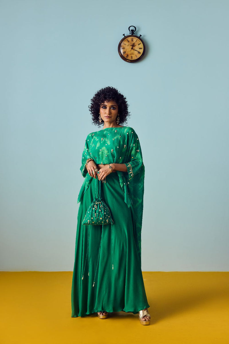 Nexa Green Hi-Low Top & Flared Palazzo Set silk by PRAHNAAYA in green color for women Worldwide