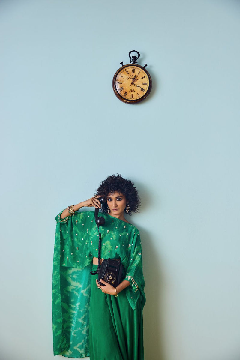 Nexa Green Hi-Low Top & Flared Palazzo Set silk by PRAHNAAYA in green color for women Worldwide