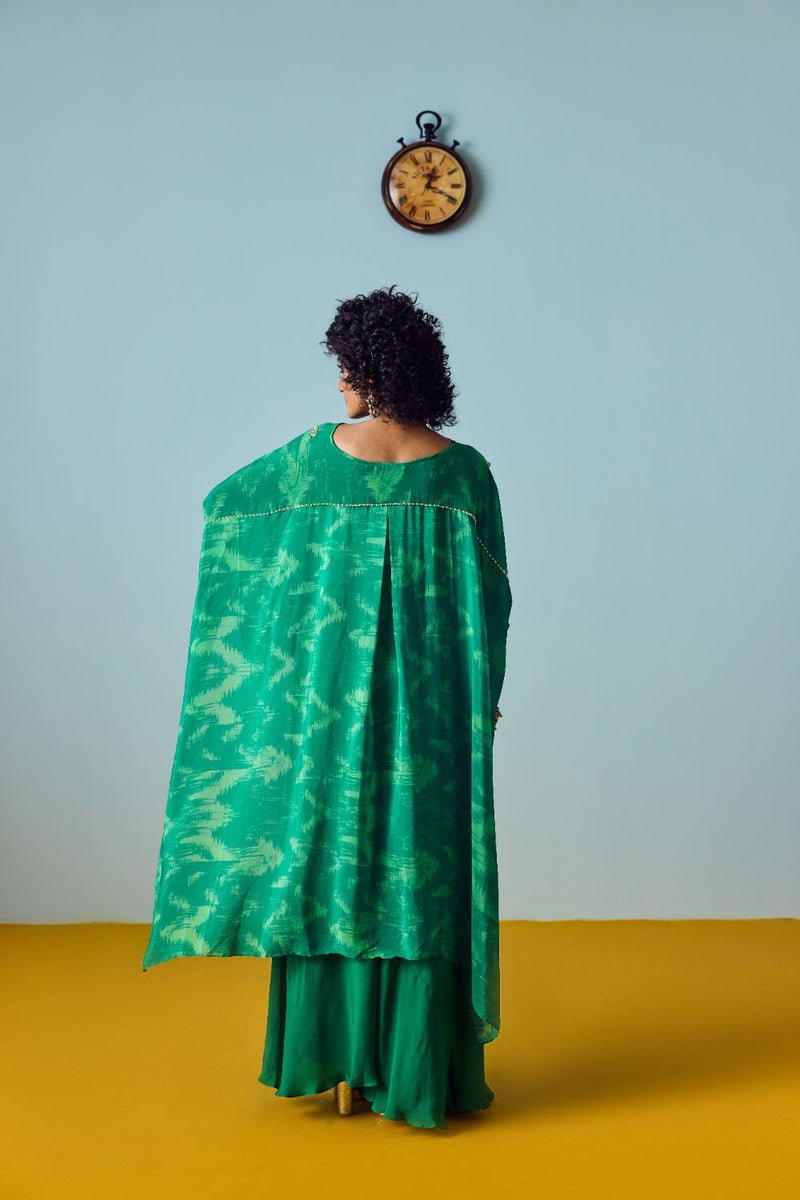 Nexa Green Hi-Low Top & Flared Palazzo Set silk by PRAHNAAYA in green color for women Worldwide