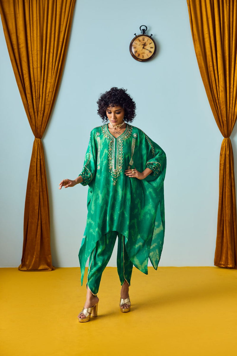Raso Coral Green Hand-Embroidered Tunic with Tulip Pants silk by PRAHNAAYA in green color for women Worldwide